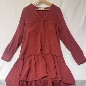 Rust Button-Front Tiered Midi Dress by